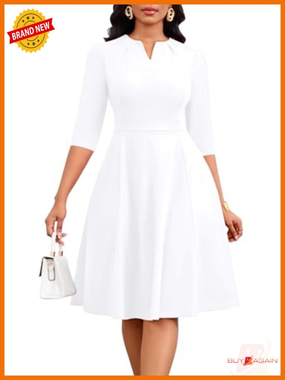 Womens Midi Dress 3/4 Sleeve A Line V Neck Pockets Business Casual